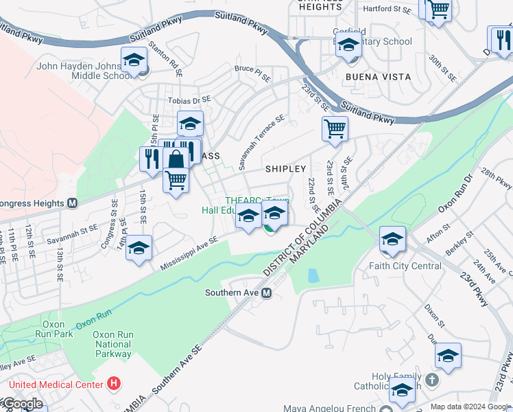 map of restaurants, bars, coffee shops, grocery stores, and more near 3504 19th Street Southeast in Washington