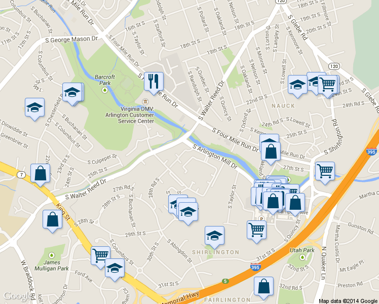 map of restaurants, bars, coffee shops, grocery stores, and more near 4514 28th Road South in Arlington