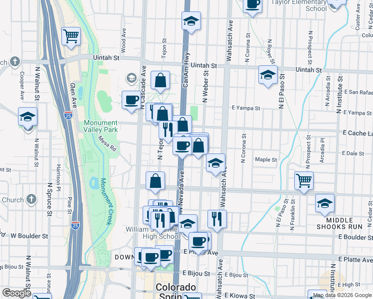 map of restaurants, bars, coffee shops, grocery stores, and more near 731 North Nevada Avenue in Colorado Springs