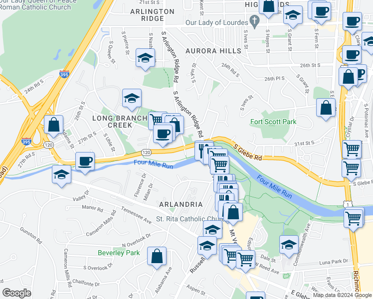 map of restaurants, bars, coffee shops, grocery stores, and more near 3002 South Glebe Road in Arlington