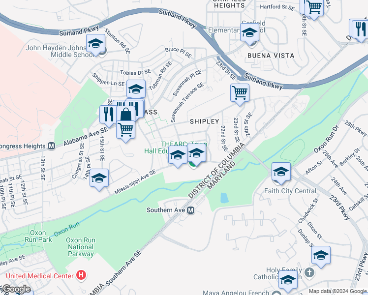 map of restaurants, bars, coffee shops, grocery stores, and more near 3504 19th Street Southeast in Washington