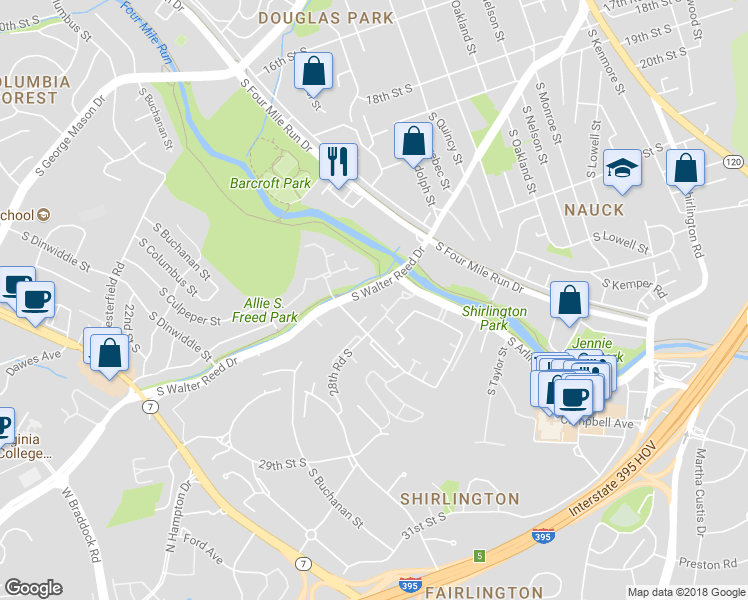 map of restaurants, bars, coffee shops, grocery stores, and more near 2409 South Walter Reed Drive in Arlington