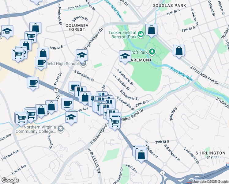 map of restaurants, bars, coffee shops, grocery stores, and more near 2209 South Dinwiddie Street in Arlington