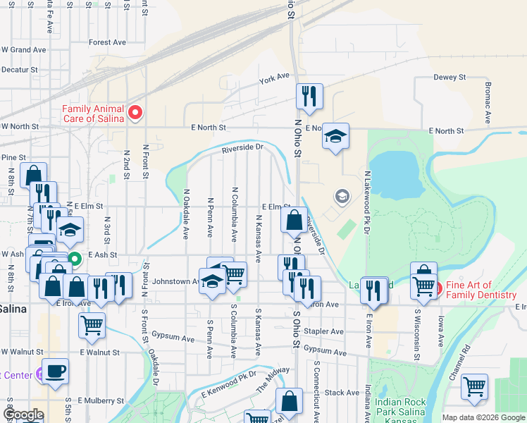 map of restaurants, bars, coffee shops, grocery stores, and more near 301 North Kansas Avenue in Salina