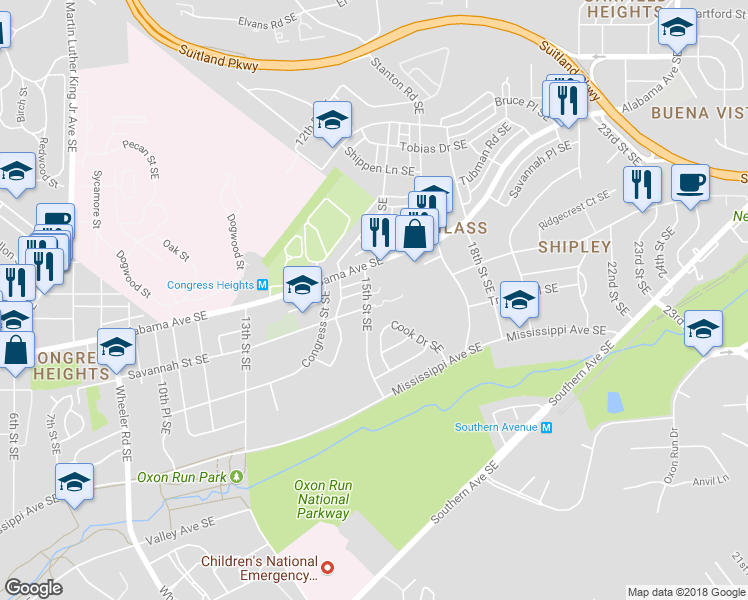 map of restaurants, bars, coffee shops, grocery stores, and more near 1500 Savannah Street Southeast in Washington