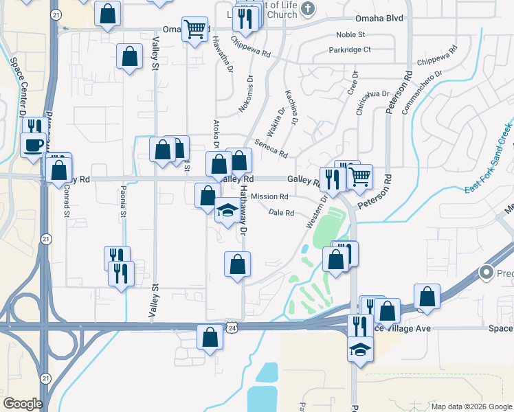 map of restaurants, bars, coffee shops, grocery stores, and more near 6718 Mission Road in Colorado Springs