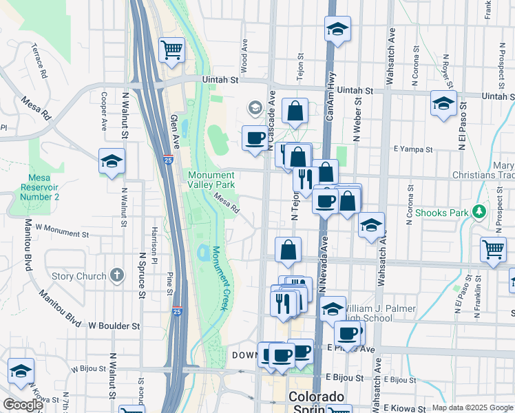 map of restaurants, bars, coffee shops, grocery stores, and more near 730 North Cascade Avenue in Colorado Springs