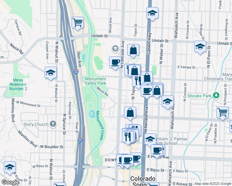 map of restaurants, bars, coffee shops, grocery stores, and more near 30 West Dale Street in Colorado Springs