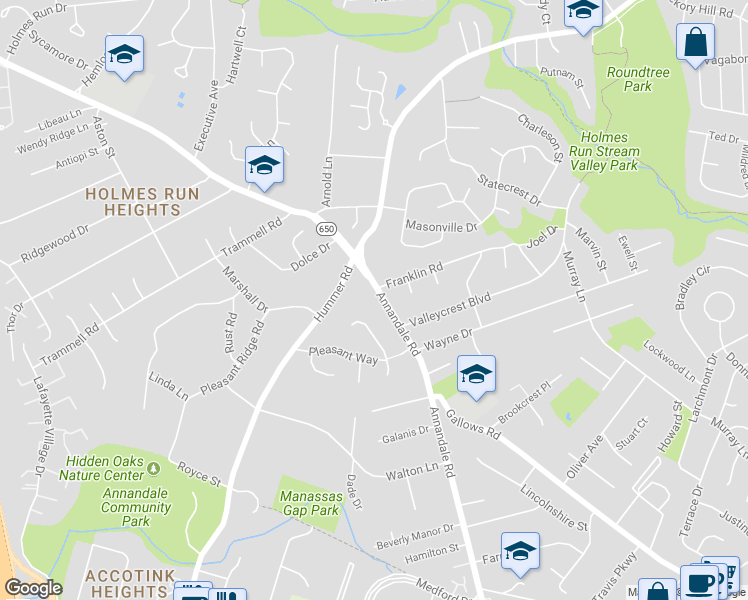 map of restaurants, bars, coffee shops, grocery stores, and more near 3618 Annandale Road in Annandale