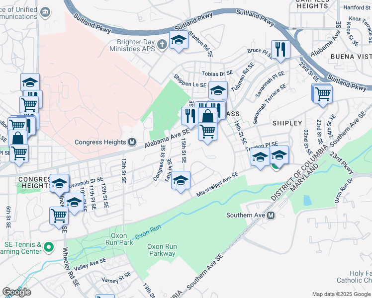 map of restaurants, bars, coffee shops, grocery stores, and more near 1500 Savannah Street Southeast in Washington