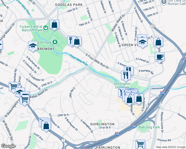 map of restaurants, bars, coffee shops, grocery stores, and more near 2520 South Arlington Mill Drive in Arlington