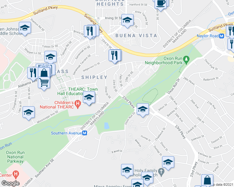 map of restaurants, bars, coffee shops, grocery stores, and more near 2250 Southern Avenue Southeast in Washington