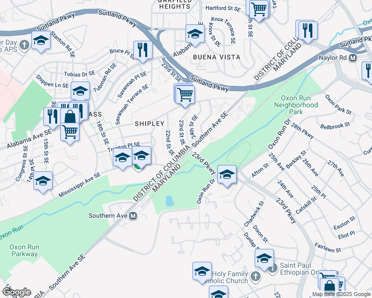 map of restaurants, bars, coffee shops, grocery stores, and more near 2250 Southern Avenue Southeast in Washington