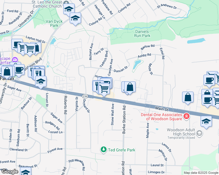 map of restaurants, bars, coffee shops, grocery stores, and more near 3917 Carolyn Avenue in Fairfax