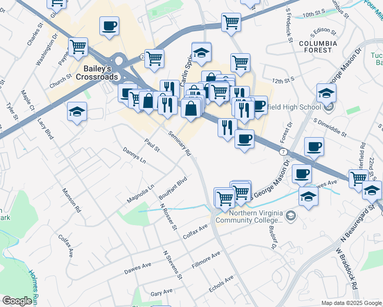 map of restaurants, bars, coffee shops, grocery stores, and more near 5601 Seminary Road in Falls Church