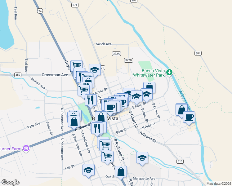 map of restaurants, bars, coffee shops, grocery stores, and more near 424 Pinon Street in Buena Vista