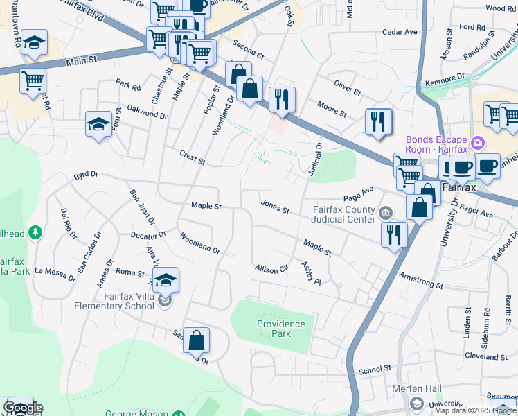 map of restaurants, bars, coffee shops, grocery stores, and more near 10719 Jones Street in Fairfax
