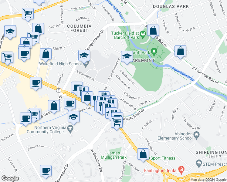 map of restaurants, bars, coffee shops, grocery stores, and more near 2203 South Dinwiddie Street in Arlington