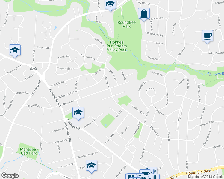 map of restaurants, bars, coffee shops, grocery stores, and more near 7129 Wayne Drive in Annandale