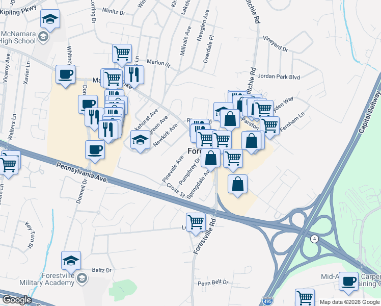 map of restaurants, bars, coffee shops, grocery stores, and more near 101 Independence Avenue Southeast in Washington