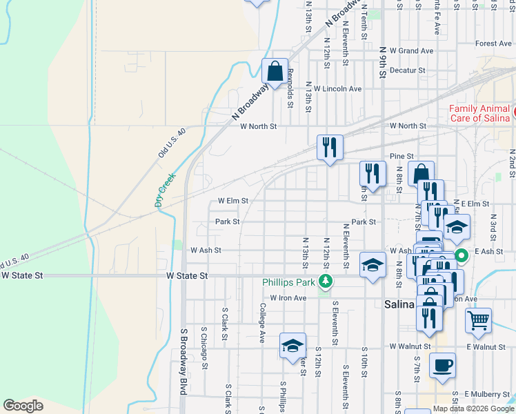 map of restaurants, bars, coffee shops, grocery stores, and more near 1000 West Elm Street in Salina