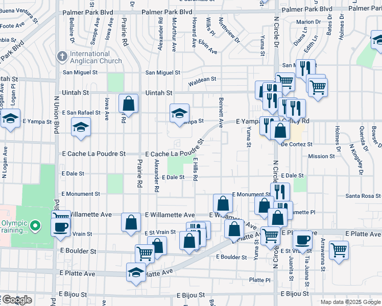 map of restaurants, bars, coffee shops, grocery stores, and more near 2537 East Cache La Poudre Street in Colorado Springs