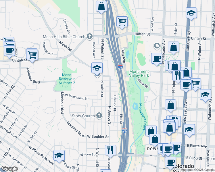 map of restaurants, bars, coffee shops, grocery stores, and more near 827 North Walnut Street in Colorado Springs