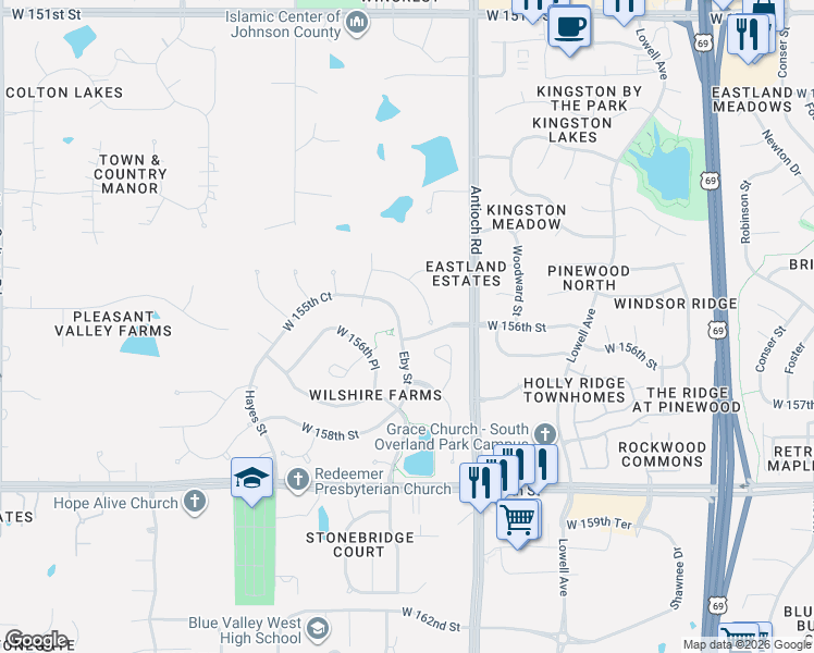 map of restaurants, bars, coffee shops, grocery stores, and more near 15557 Eby Street in Overland Park