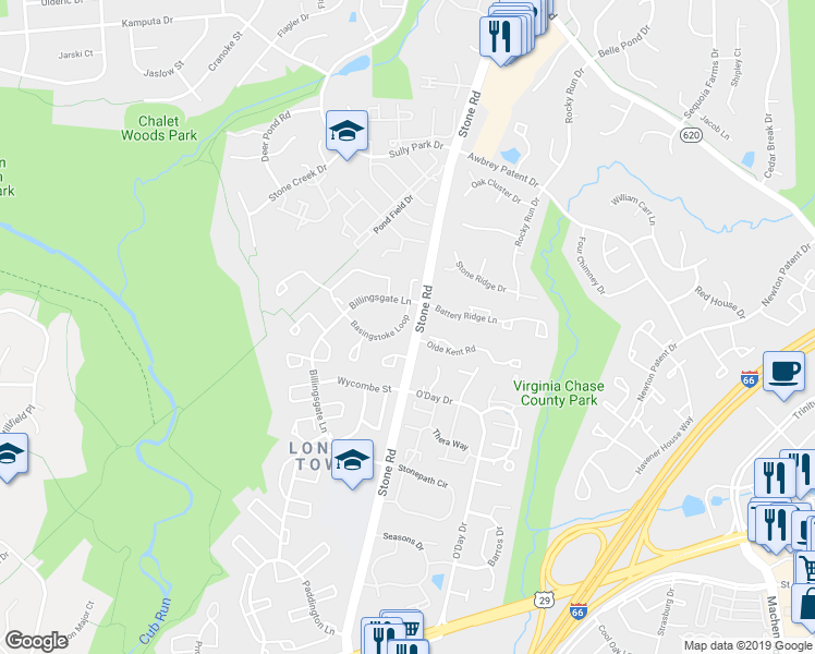 map of restaurants, bars, coffee shops, grocery stores, and more near 14713 Basingstoke Loop in Centreville