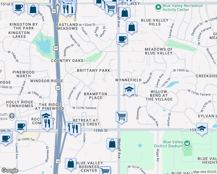 map of restaurants, bars, coffee shops, grocery stores, and more near 15535 Marty Street in Overland Park