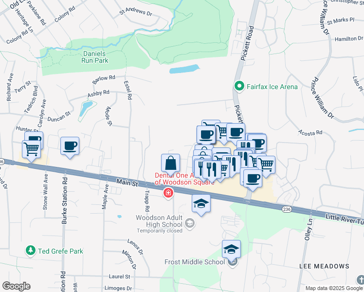 map of restaurants, bars, coffee shops, grocery stores, and more near 3891 Bradwater Street in Fairfax