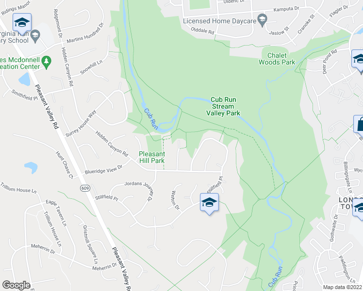 map of restaurants, bars, coffee shops, grocery stores, and more near 6105 Oakengate Way in Centreville