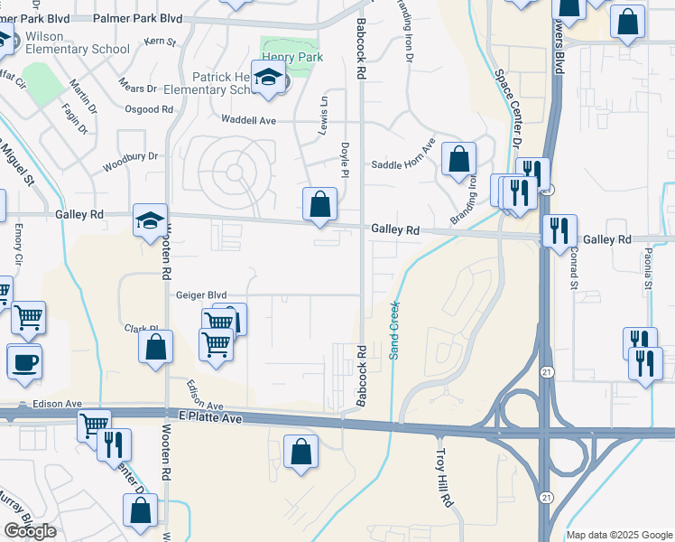 map of restaurants, bars, coffee shops, grocery stores, and more near 5240 Geiger Boulevard in Colorado Springs