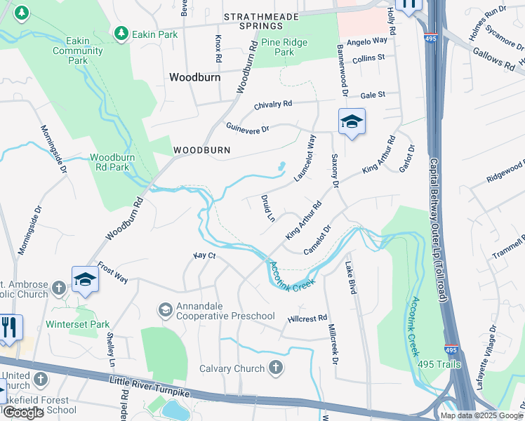 map of restaurants, bars, coffee shops, grocery stores, and more near 3604 Druid Lane in Annandale