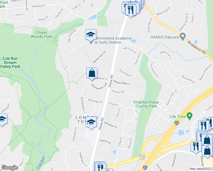 map of restaurants, bars, coffee shops, grocery stores, and more near 14713 Basingstoke Loop in Centreville
