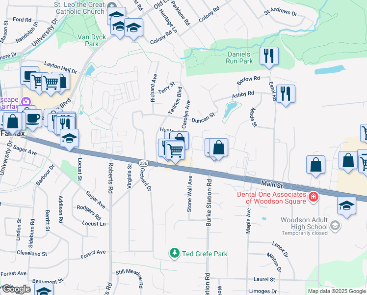 map of restaurants, bars, coffee shops, grocery stores, and more near 3917 Carolyn Avenue in Fairfax