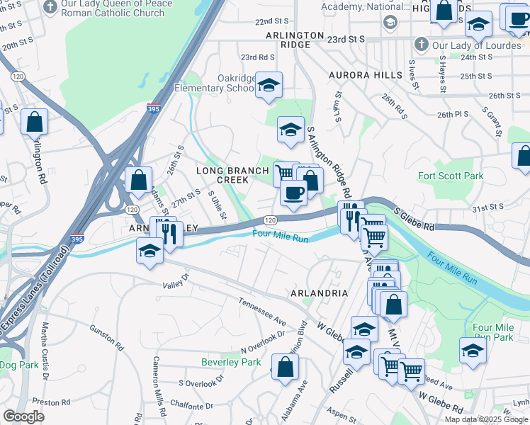map of restaurants, bars, coffee shops, grocery stores, and more near 2866 South Meade Street in Arlington