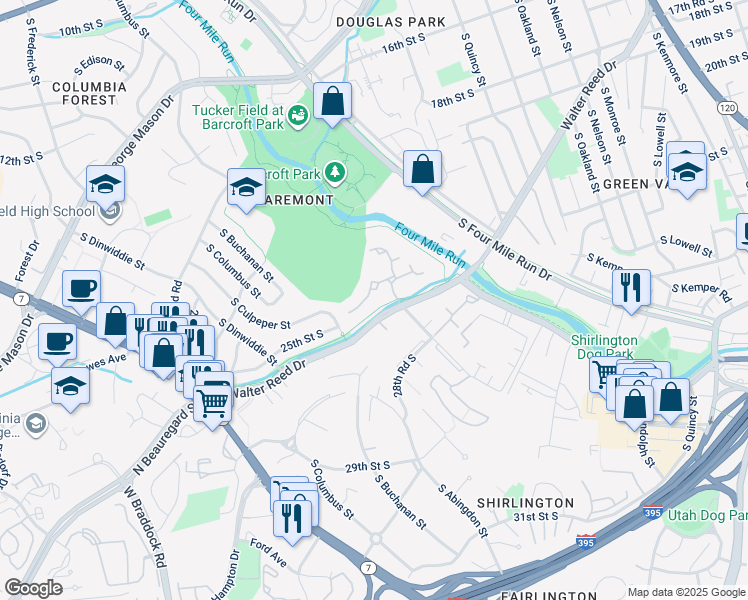 map of restaurants, bars, coffee shops, grocery stores, and more near 2518 South Walter Reed Drive in Arlington