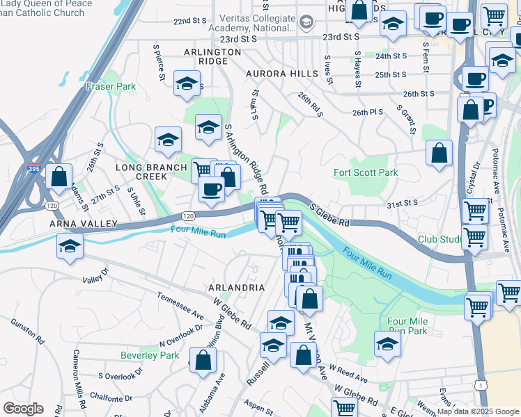 map of restaurants, bars, coffee shops, grocery stores, and more near 3064 South Glebe Road in Arlington