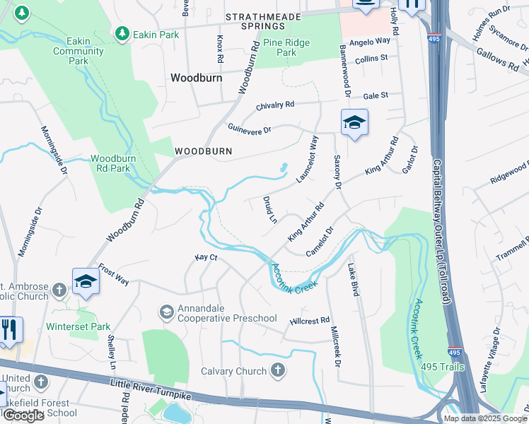 map of restaurants, bars, coffee shops, grocery stores, and more near 3604 Druid Lane in Annandale