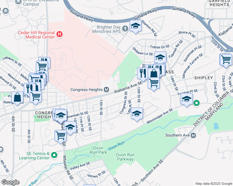 map of restaurants, bars, coffee shops, grocery stores, and more near 1351 Alabama Avenue Southeast in Washington