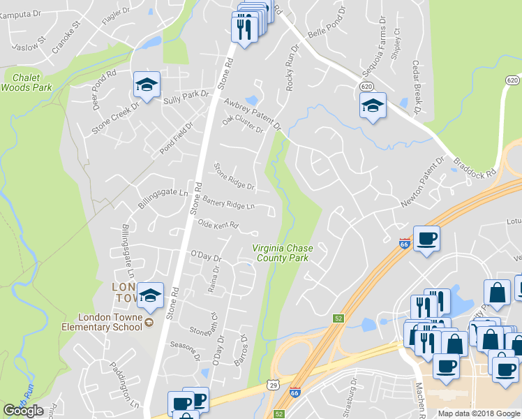 map of restaurants, bars, coffee shops, grocery stores, and more near 14525 Battery Ridge Lane in Centreville