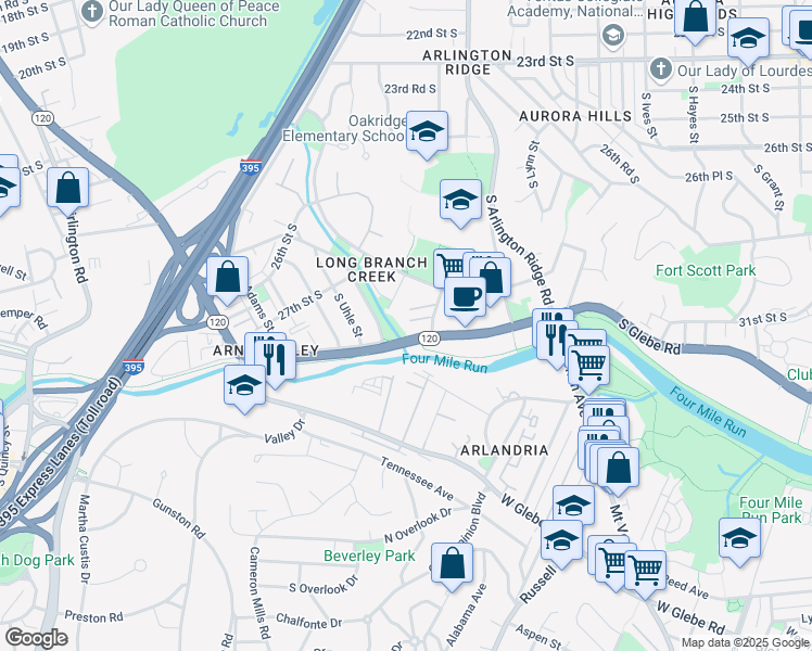 map of restaurants, bars, coffee shops, grocery stores, and more near 2816 South Meade Street in Arlington