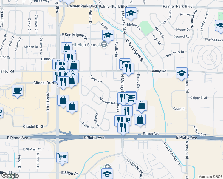 map of restaurants, bars, coffee shops, grocery stores, and more near 904 North Murray Boulevard in Colorado Springs