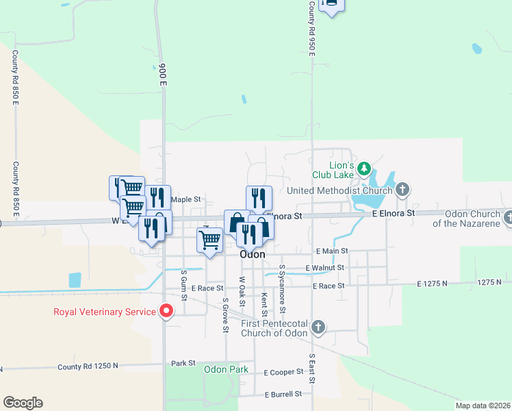 map of restaurants, bars, coffee shops, grocery stores, and more near 301 North Spring Street in Odon