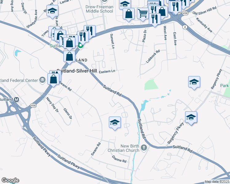 map of restaurants, bars, coffee shops, grocery stores, and more near 5123 Suitland Rd in Suitland