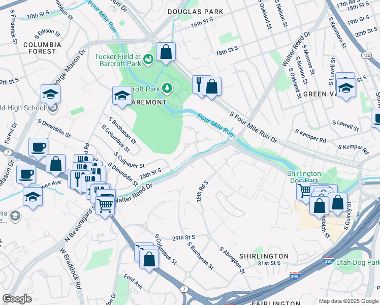 map of restaurants, bars, coffee shops, grocery stores, and more near 2514 South Walter Reed Drive in Arlington