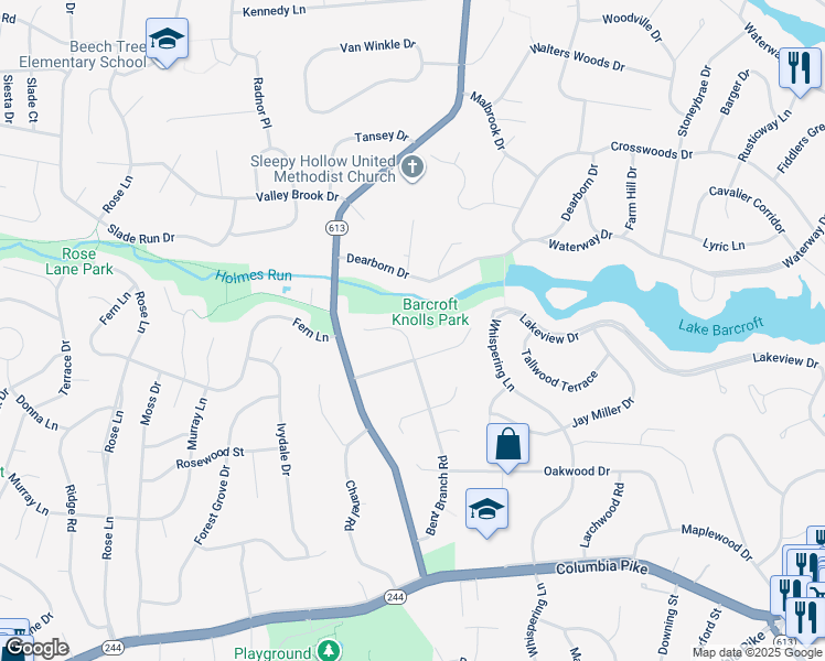 map of restaurants, bars, coffee shops, grocery stores, and more near 3611 Bent Branch Court in Falls Church
