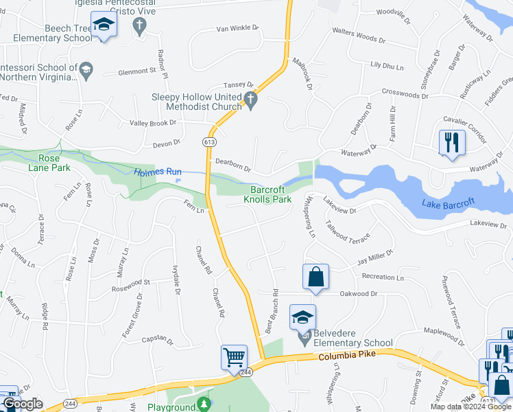 map of restaurants, bars, coffee shops, grocery stores, and more near 3611 Bent Branch Court in Falls Church