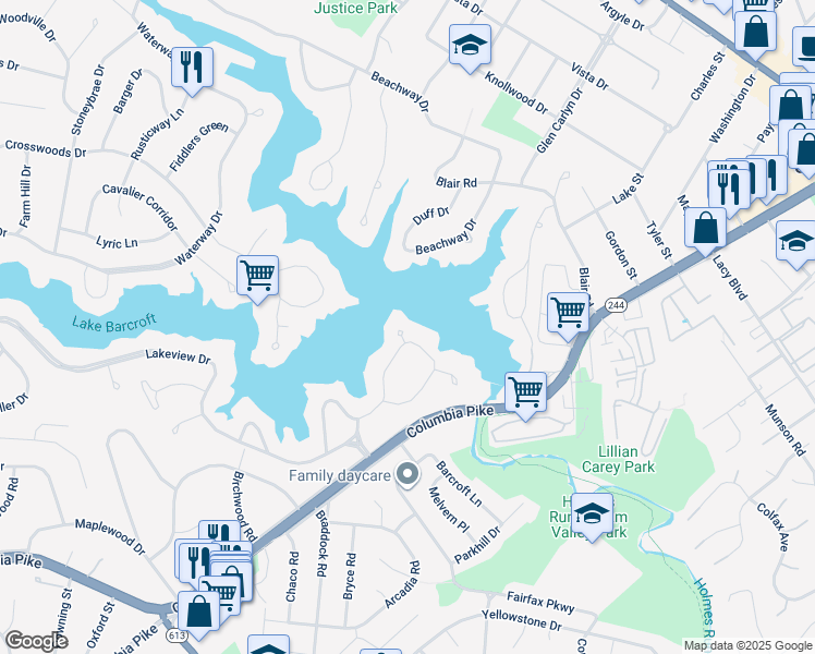 map of restaurants, bars, coffee shops, grocery stores, and more near 3623 Stanford Cir in Falls Church